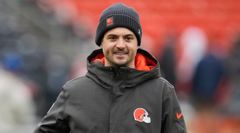 Tommy Rees, Cleveland Browns offensive coordinator, is pictured before an NFL football game against the Tennessee Titans in Cleveland, Sunday, Dec. 7, 2025. The Falcons officially announced on Thursday that Rees will join his boss in Cleveland, Kevin Stefanski, in the same role with the Stefanski's new team in Atlanta. (Sue Ogrocki/AP)