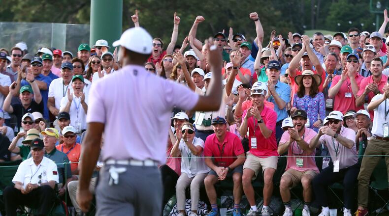 April 13, 2019 - Augusta - Tiger Woods acknowledges the gallery on 18 during the third round of the Masters Tournament Saturday, April 13, 2019, at Augusta National Golf Club in Augusta. Curtis Compton / ccompton@ajc.com