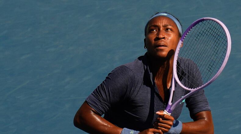 United States' Coco Gauff eyes a return ball to compatriot Kayla Day during a National Bank Open tennis game in Toronto on Wednesday, Aug. 5, 2026. (Chris Young/The Canadian Press via AP)