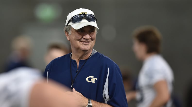 March 28, 2016 Atlanta:  Georgia Tech head coach Paul Johnson during the first day of  Spring football practice  Monday March 28, 2016. BRANT SANDERLIN/BSANDERLIN@AJC.COM