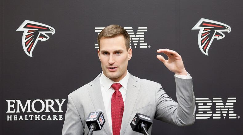 Atlanta Falcons quarterback Kirk Cousins address his remarks during his introductory press conference at the Falcons practice facility in Flowery Branch on Wednesday, March 13, 2024. (Miguel Martinez/The Atlanta Journal-Constitution/TNS)