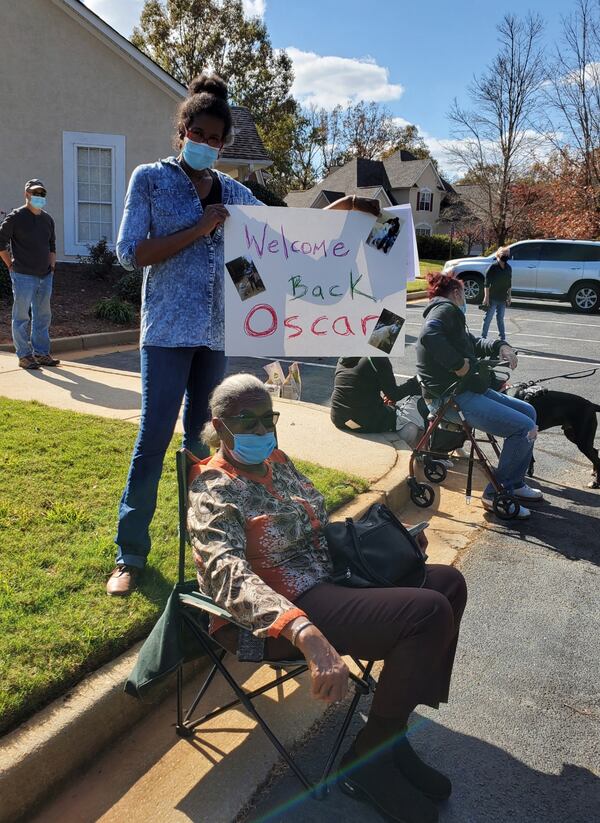 The Windsong Plantation neighborhood had a party for the dog and his reunited owners. 
Courtesy of Phyllis Perez and Leslie Meadows.