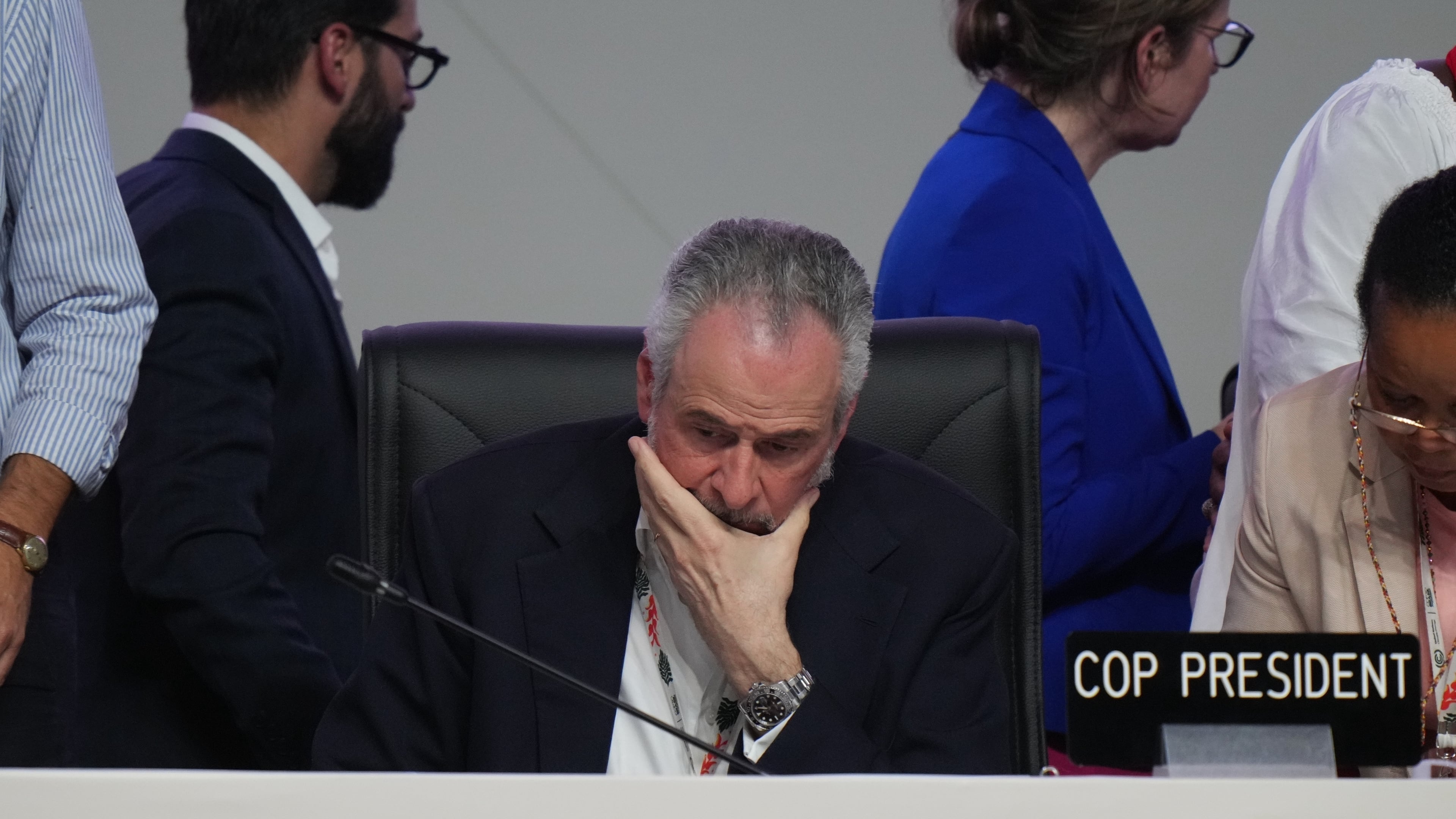 André Corrêa do Lago, COP30 president, sits before the start of a plenary session at the COP30 U.N. Climate Summit, Saturday, Nov. 22, 2025, in Belem, Brazil. (AP Photo/Fernando Llano)