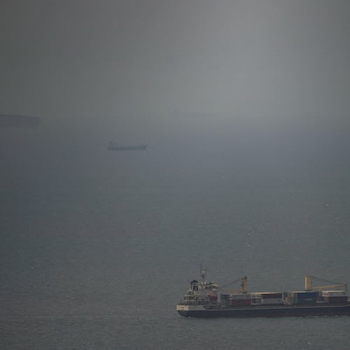 A cargo ship sails in the Persian Gulf toward the Strait of Hormuz, Wednesday, April 22, 2026. (AP Photo)