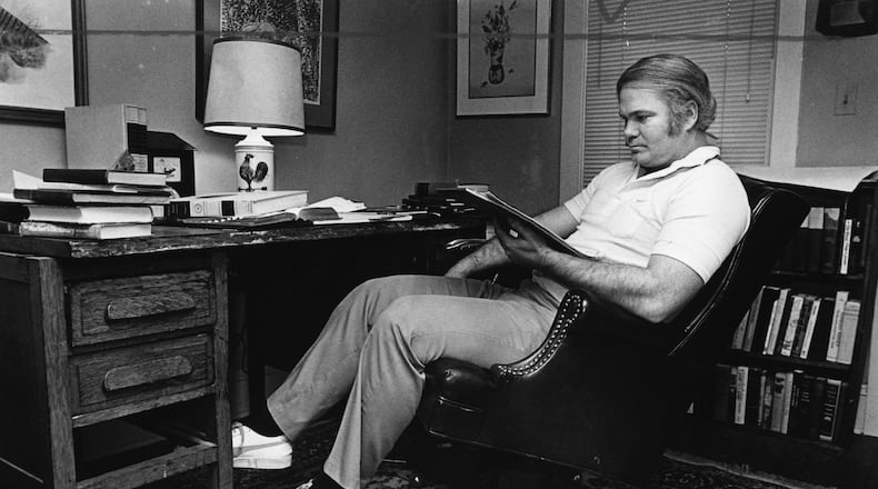 Author Pat Conroy in his garage office, 1984. AJC FILE
