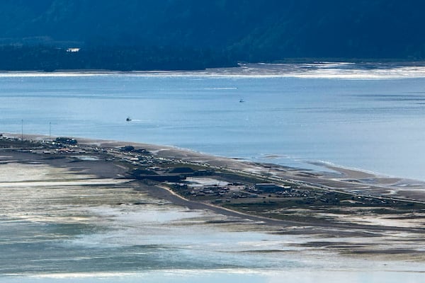 In this image provided by Tim Hatfield, cars leave Homer Spit on Wednesday, July 16, 2025, in Homer, Alaska. (Tim Hatfield via AP)