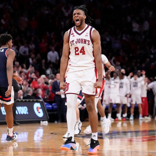 St. John's forward Zuby Ejiofor (24) reacts during the second half of an NCAA college basketball game against UConn in the championship of the Big East tournament, Saturday, March 14, 2026, in New York. (AP Photo/Yuki Iwamura)
