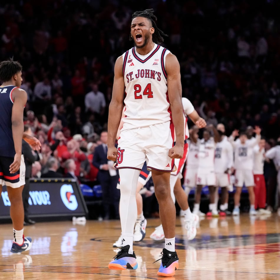 St. John's forward Zuby Ejiofor (24) reacts during the second half of an NCAA college basketball game against UConn in the championship of the Big East tournament, Saturday, March 14, 2026, in New York. (AP Photo/Yuki Iwamura)