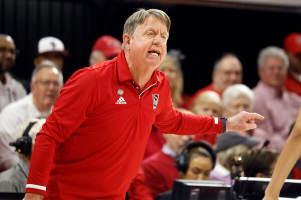 North Carolina State head coach Wes Moore coaches from the sideline against Michigan State during the first half in the second round of the NCAA college basketball tournament in Raleigh, N.C., Monday, March 24, 2025. (AP Photo/Karl DeBlaker)