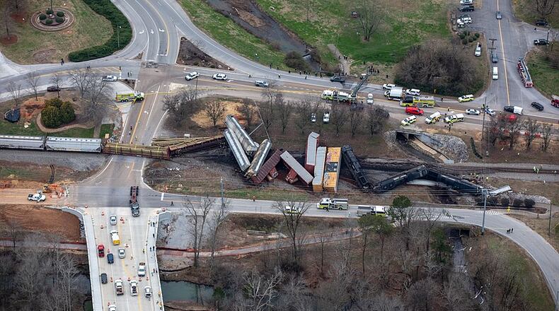 Emergency vehicles respond to the scene of a Norfolk Southern Railway train derailment in Collegedale on December 20, 2022. (Photo Courtesy of Todd Pettibone Aviation Specialists Inc.)
