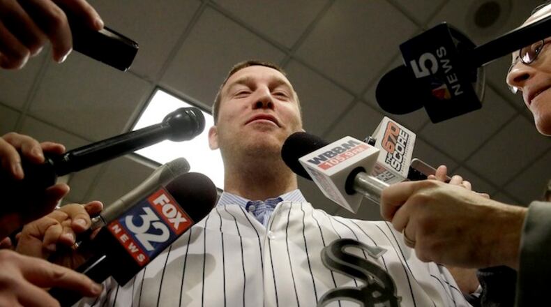 Chicago White Sox's Todd Frazier talks to members of the media during a reception at the baseball team's annual fan convention on Friday, Jan. 29, 2016, in Chicago. (AP Photo/Nam Y. Huh)
