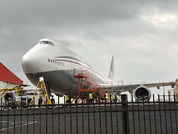 FILE - A Boeing 747 with the color scheme of planes used by the Qatari royal family is seen Friday, May 2, 2025 at San Antonio International Airport in San Antonio, Texas. President Donald Trump said this week that he wants to accept the $400 million plane, and that it would later be donated to a presidential library. (Brandon Lingle/The San Antonio Express-News via AP, File)