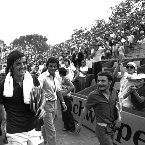 FILE - Adriano Panatta smiles after the quarter final match of the French Open Tennis Tournament in Paris on Sept. 6, 1976. (AP Photo/Michel Lipchitz)