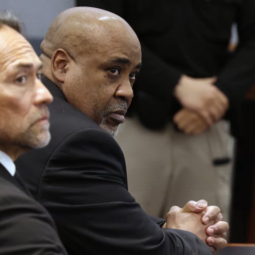 Duane Davis, right, and his attorney Michael Sanft sit in a courtroom after a jury found Davis guilty of first-degree murder in his trial related to the 1996 killing of rapper Tupac Shakur, at Clark County District Court Regional Justice Center, Monday, Aug. 31, 2026, in Las Vegas. (Bizuayehu Tesfaye/Las Vegas Review-Journal via AP, Pool)