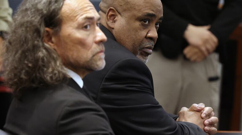 Duane Davis, right, and his attorney Michael Sanft sit in a courtroom after a jury found Davis guilty of first-degree murder in his trial related to the 1996 killing of rapper Tupac Shakur, at Clark County District Court Regional Justice Center, Monday, Aug. 31, 2026, in Las Vegas. (Bizuayehu Tesfaye/Las Vegas Review-Journal via AP, Pool)