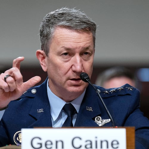 FILE - Chairman of the Joint Chiefs of Staff General Dan Caine testifies before Senate Armed Services Committee hearing on Capitol Hill in Washington, June 18, 2025. (AP Photo/Jose Luis Magana, File)