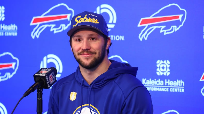 Buffalo Bills quarterback Josh Allen addresses the media during an NFL football news conference Monday, April 20, 2026, in Orchard Park, N.Y. (AP Photo/Jeffrey T. Barnes)