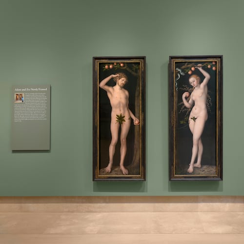 This undated photo provided by the Norton Simon Art Foundation on Friday, Sept. 18, 2026, shows two oil paintings, "Adam and Eve," painted in 1530 by Lucas Cranach the Elder, on display in the Norton Simon Museum in Pasadena, Calif. (Gerard Vuilleumier/Norton Simon Art Foundation via AP)