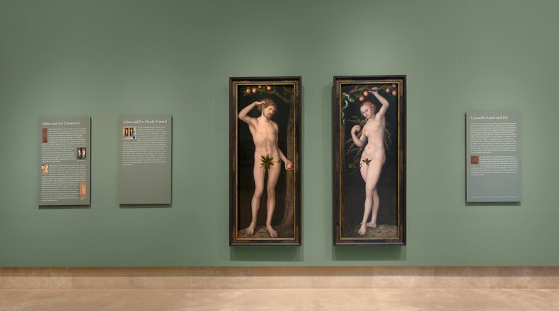 This undated photo provided by the Norton Simon Art Foundation on Friday, Sept. 18, 2026, shows two oil paintings, "Adam and Eve," painted in 1530 by Lucas Cranach the Elder, on display in the Norton Simon Museum in Pasadena, Calif. (Gerard Vuilleumier/Norton Simon Art Foundation via AP)