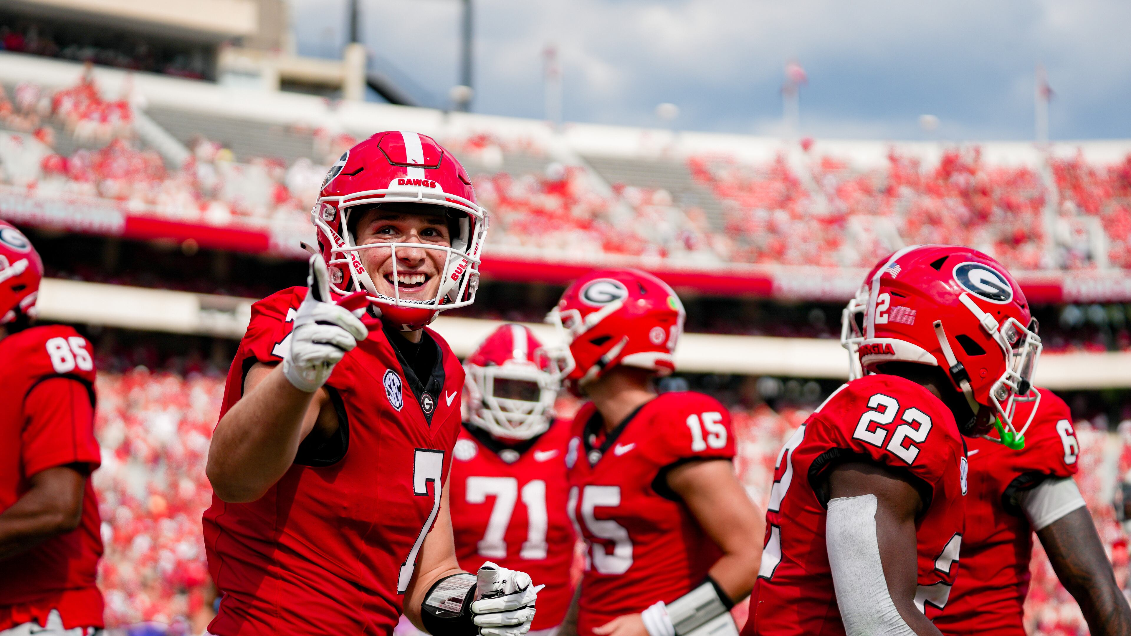 Georgia tight end Lawson Luckie (left) smiles during the Bulldogs' game against Tennessee Tech at Sanford Stadium on Saturday, Sept. 7, 2024, in Athens. Luckie is an NFL-caliber tight end who has mastered the offense. (Tony Walsh/UGAAA)