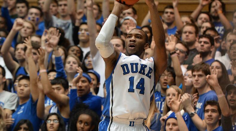 Duke guard Rasheed Sulaimon (14) shoots one of his first-half three-pointers against Pittsburgh on Monday, Jan. 19, 2015, at Cameron Indoor Stadium in Durham, N.C. (Chuck Liddy/Raleigh News & Observer/TNS)