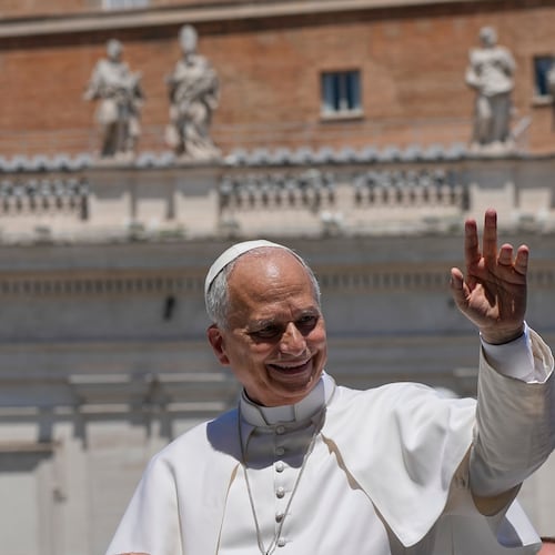 Pope Leo XIV waves as he leaves after his weekly general audience in St. Peter's Square at The Vatican, Wednesday, May 27, 2026. (AP Photo/Alessandra Tarantino)