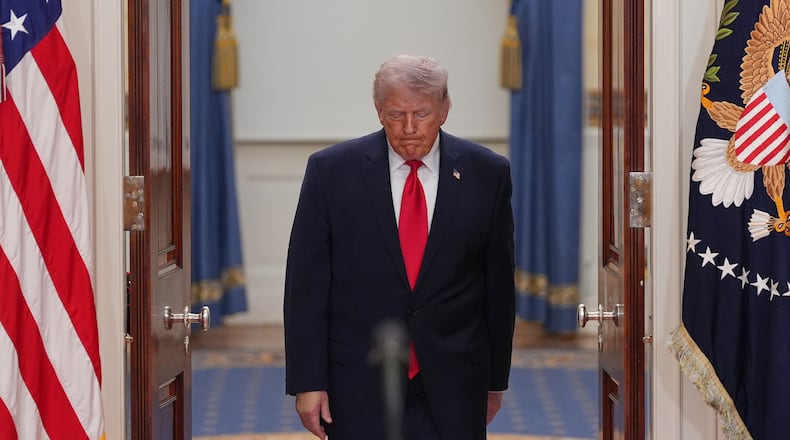 President Donald Trump arrives to speak about the Iran war from the Cross Hall of the White House on Wednesday, April 1, 2026, in Washington. (AP Photo/Alex Brandon, Pool)
