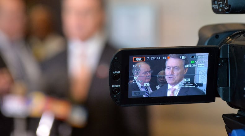 AUGUST 21, 2014 MACON U.S. Senate candidate David Perdue speaks to the media after he and his Democratic opponent Michelle Nunn participated in a forum sponsored by the Georgia Chamber at the Marriott City Center in Macon, Thursday, August 21, 2014. Over 1100 people came out to hear what they would do for Georgians if elected to the U.S. Senate in the November election. KENT D. JOHNSON / KDJOHNSON@AJC.COM U.S. Senate candidate David Perdue speaks to the media after he and his Democratic opponent Michelle Nunn participated in a forum sponsored by the Georgia Chamber in Macon on Thursday. Kent D. Johnson, kdjohnson@ajc.com