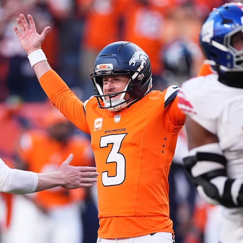 Denver Broncos kicker Wil Lutz (3) celebrates after kicking the game winning field goal during the second half of an NFL football game against the New York Giants in Denver, Sunday, Oct. 19, 2025. (AP Photo/David Zalubowski)
