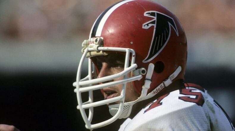 Falcons defensive end Jeff Merrow (75) during a 27-21 loss to the Los Angeles Rams on October 16, 1983, at Anaheim Stadium in Anaheim, California. Atlanta Falcons vs Los Angeles Rams - October 16, 1983 (AP Photo/NFL Photos)