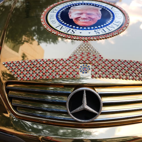 A Mercedes decorated with images of President Donald Trump is seen outside before the Republican convention Tuesday, Sept. 8, 2026, in Dallas. (AP Photo/Julia Demaree Nikhinson)