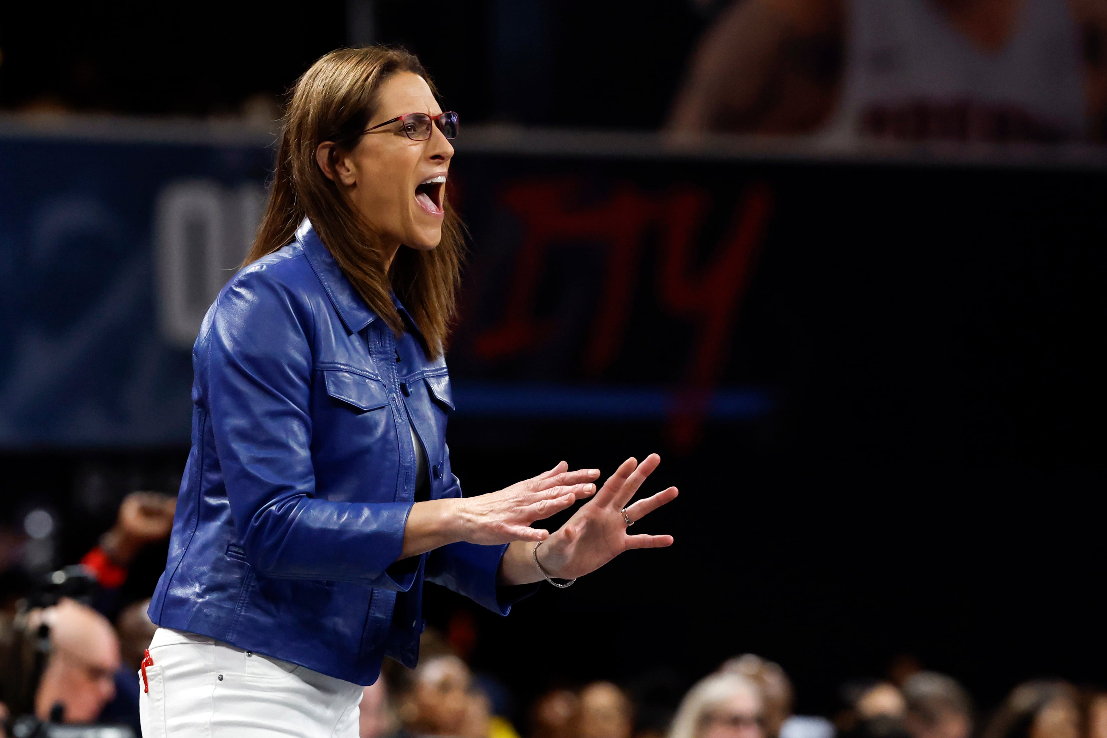 Indiana Fever coach Stephanie White reacts to a call during the first half of Game 3 against the Atlanta Dream in the first round of the WNBA basketball playoffs Thursday, Sept. 18, 2025, in Atlanta. (AP Photo/Butch Dill)