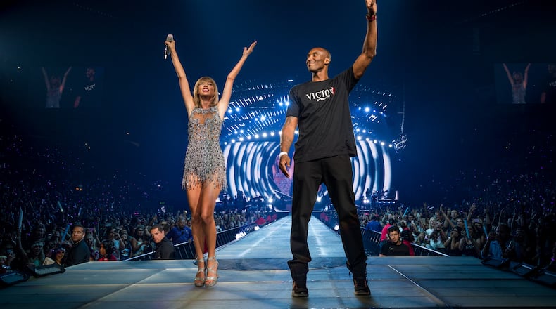 LOS ANGELES, CA - AUGUST 21: Singer-songwriter Taylor Swift (L) and NBA player Kobe Bryant speak onstage during The 1989 World Tour Live In Los Angeles at Staples Center on August 21, 2015 in Los Angeles, California. (Photo by Christopher Polk/Getty Images for TAS)