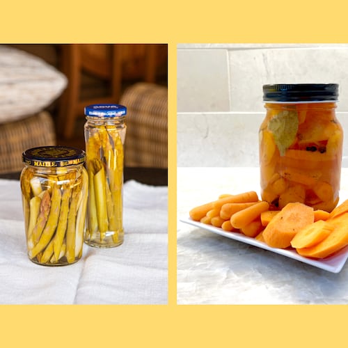 Simple pickling recipes give home cooks more options for savoring spring produce. (Cabbage and asparagus: Aaliyah Man for the AJC; Food styling by Hilary White and Aaliyah Man. Carrots: Courtesy of Rootie's Pickles/Tony Civatello)