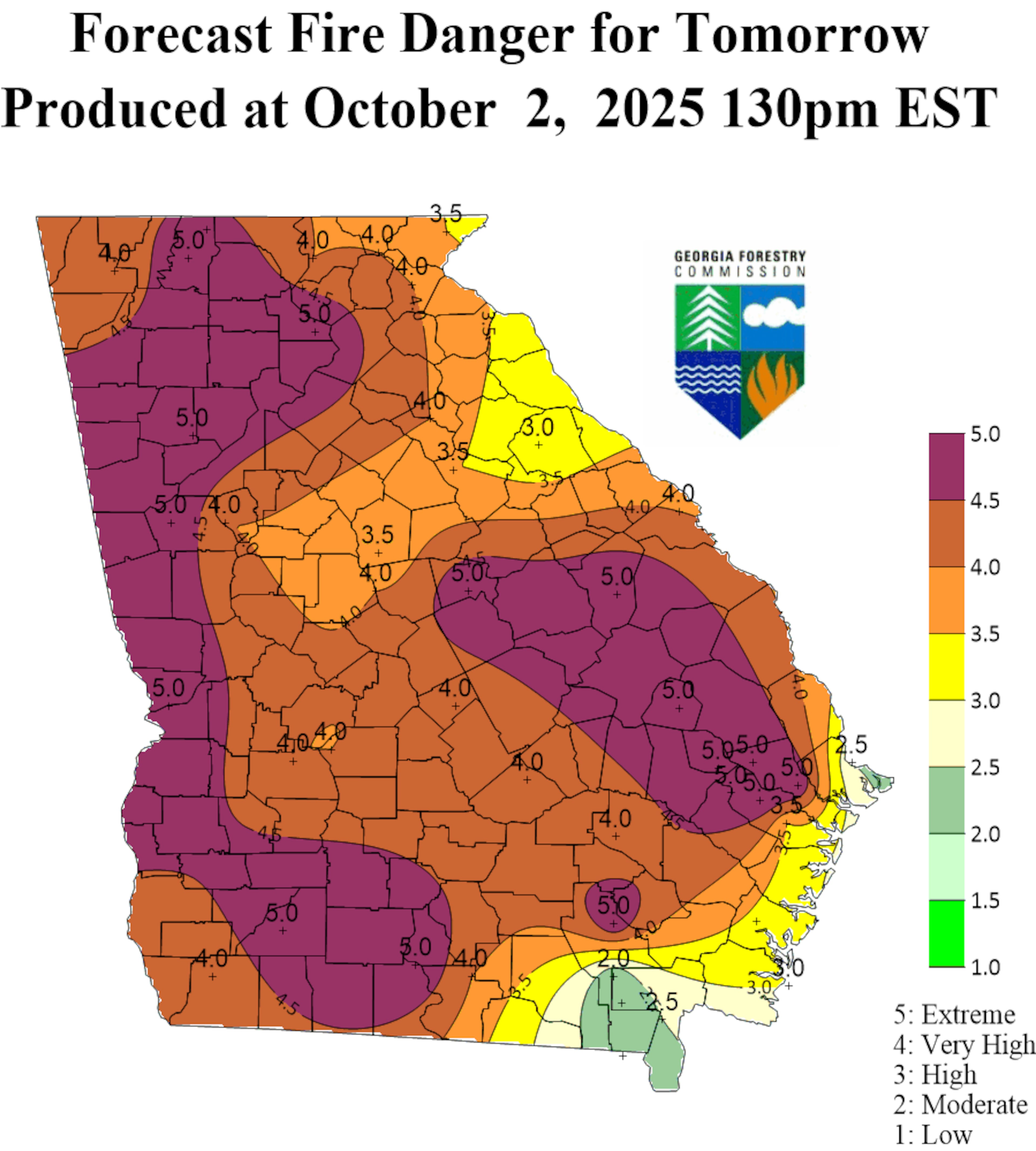 The map, produced the previous day, shows regions under various fire threat levels — ranging from extreme to moderate — for Friday, Oct. 3, 2025. (Georgia Forestry Commission)