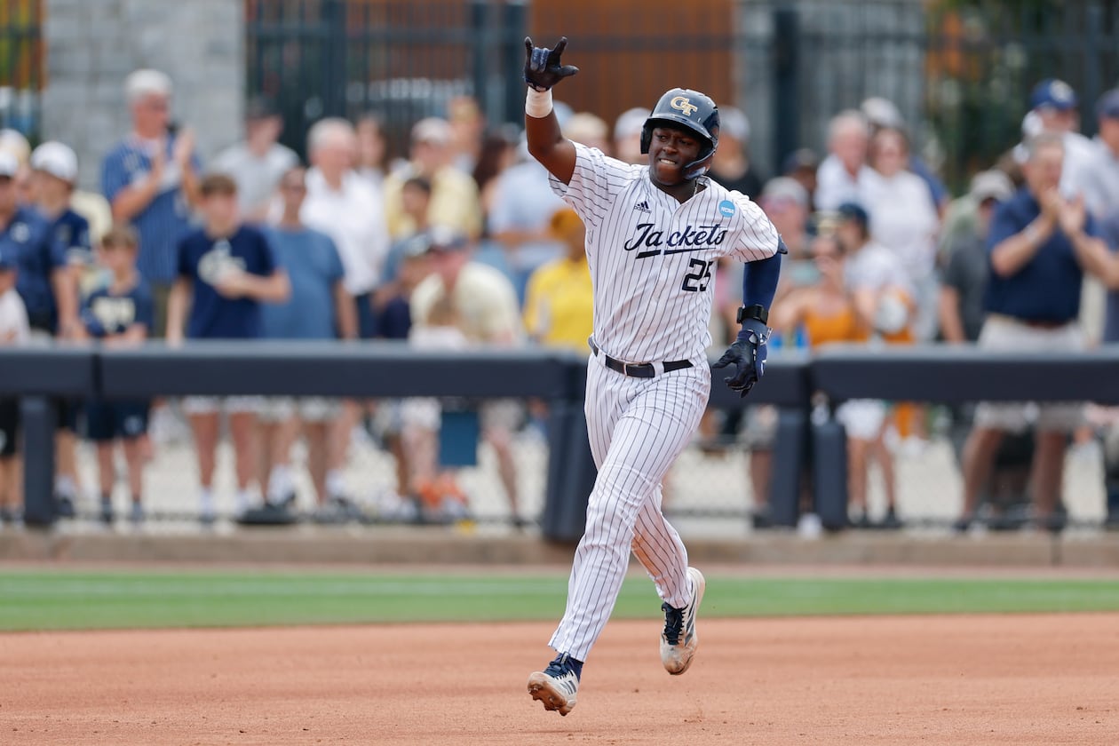 Georgia Tech's Vahn Lackey (25) celebrates his two-run homer against University of Illinois-Chicago during the third inning of an NCAA D1 Atlanta Regional baseball game at Russ Chandler Stadium, Friday, May 29, 2026, in Atlanta. Tech annihilated UIC 22-5 to open regional play Friday. (Erik S. Lesser for the AJC)