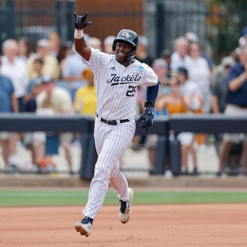 Georgia Tech's Vahn Lackey (25) celebrates his two-run homer against University of Illinois-Chicago during the third inning of an NCAA D1 Atlanta Regional baseball game at Russ Chandler Stadium, Friday, May 29, 2026, in Atlanta. Tech annihilated UIC 22-5 to open regional play Friday. (Erik S. Lesser for the AJC)