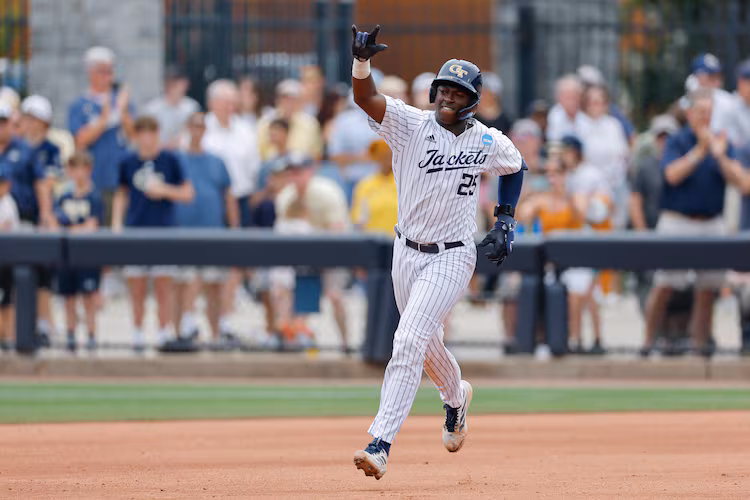 Georgia Tech's Vahn Lackey (25) celebrates his two-run homer against University of Illinois-Chicago during the third inning of an NCAA D1 Atlanta Regional baseball game at Russ Chandler Stadium, Friday, May 29, 2026, in Atlanta. Tech annihilated UIC 22-5 to open regional play Friday. (Erik S. Lesser for the AJC)