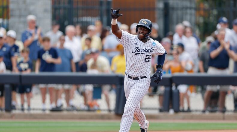 Georgia Tech catcher Vahn Lackey celebrates his two-run home run against Illinois Chicago during the Atlanta Regional at Russ Chandler Stadium on Friday, May 29, 2026, in Atlanta. Lackey leaves college among the most coveted prospects in the country. (Erik S. Lesser for the AJC)