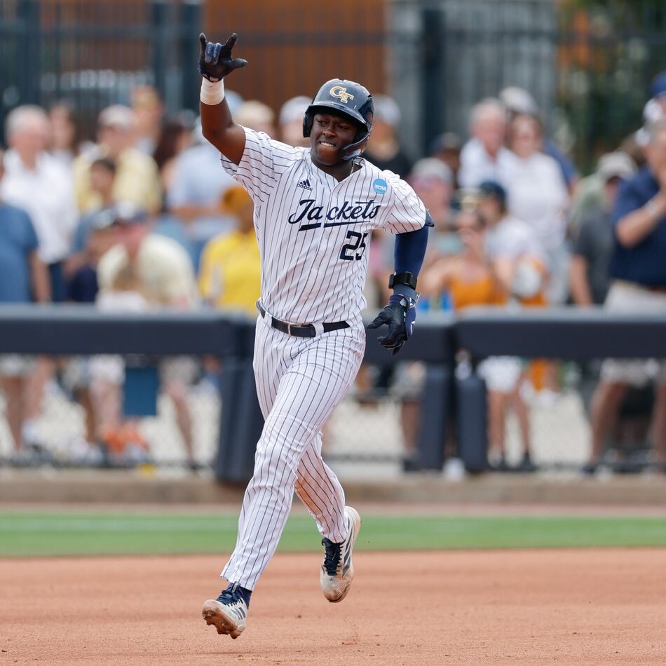 Georgia Tech's Vahn Lackey (25) celebrates his two-run homer against University of Illinois-Chicago during the third inning of an NCAA D1 Atlanta Regional baseball game at Russ Chandler Stadium, Friday, May 29, 2026, in Atlanta. Tech annihilated UIC 22-5 to open regional play Friday. (Erik S. Lesser for the AJC)