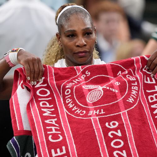 Serena Williams of the United States sits during a changeover in her first round women's singles match against Maya Joint of Australia, at the Wimbledon Tennis Championships in London, Tuesday, June 30, 2026. (AP Photo/Maja Smiejkowska)