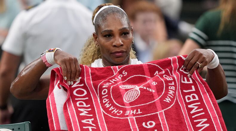 Serena Williams of the United States sits during a changeover in her first round women's singles match against Maya Joint of Australia, at the Wimbledon Tennis Championships in London, Tuesday, June 30, 2026. (AP Photo/Maja Smiejkowska)