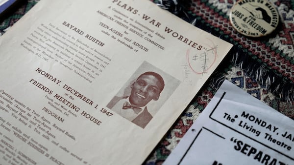 In this still image taken from video, mementos belonging to civil rights leader Bayard Rustin are pictured at his partner Walter Naegle's home, on Saturday, June 28, 2025, in New York. (AP Photo/Mary Conlon)