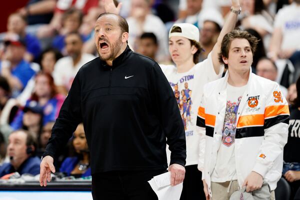 New York Knicks head coach Tom Thibodeau shouts to his team during the first half of Game 3 of an NBA basketball first-round playoff series against the Detroit Pistons, Thursday, April 24, 2025, in Detroit. (AP Photo/Duane Burleson)