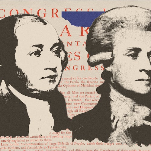 Presidents John Adams (left) and Thomas Jefferson. (Illustration: Marcie LaCerte for the AJC | Source: Public Domain)