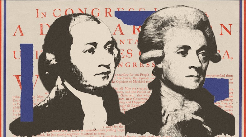 Presidents John Adams (left) and Thomas Jefferson. (Illustration: Marcie LaCerte for the AJC | Source: Public Domain)
