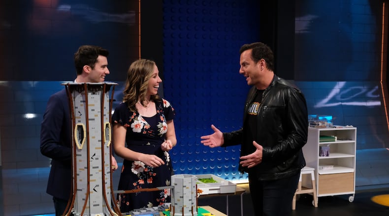 L-R: Winners Tyler and Amy with host Will Arnett in the season 1 finale of "Lego Masters" on Fox that aired April1 5, 2020. CR: Ray Mickshaw/FOX