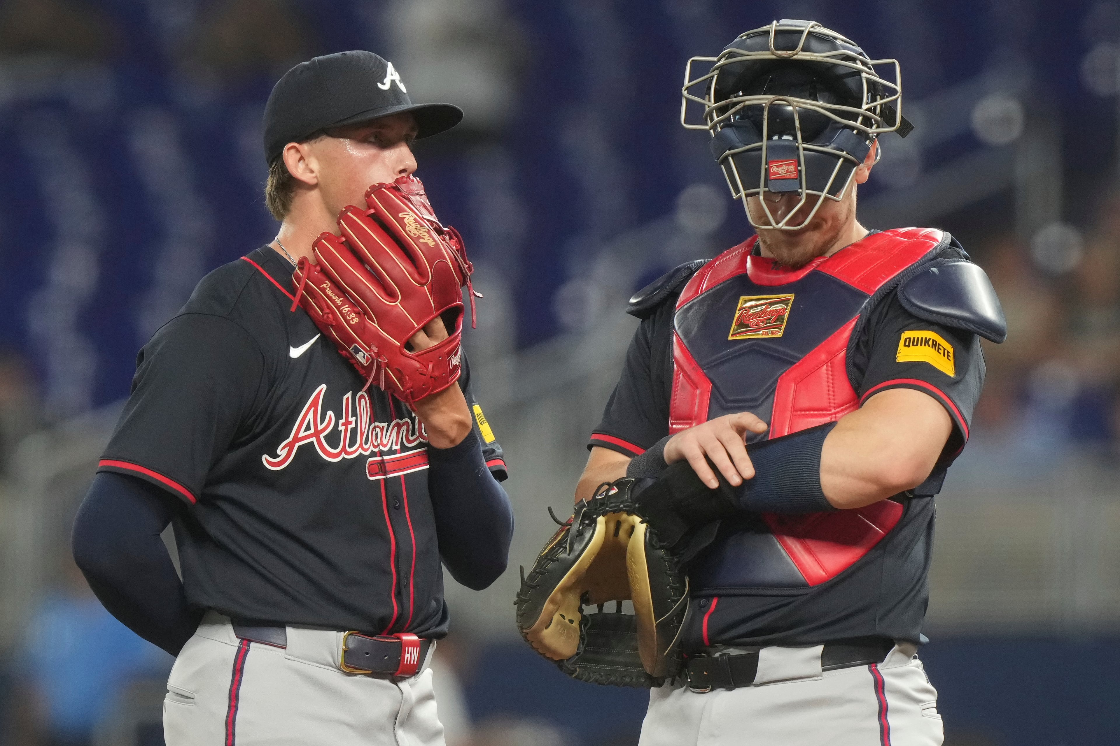 Braves starter Hurston Waldrep (left) converses with catcher Sean Murphy during a recent start.