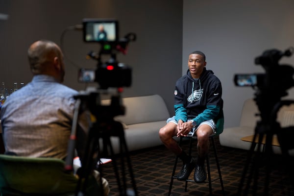Philadelphia Eagles DeVonta Smith speaks during an interview with the Associated Press in Barcelona, Spain, Monday, May 12, 2025. (AP Photo/Emilio Morenatti)