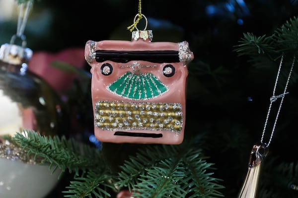 A typewriter ornament is displayed in author Tayari Jones’ home in Atlanta on Friday, Dec. 19, 2025. (Abbey Cutrer/AJC)